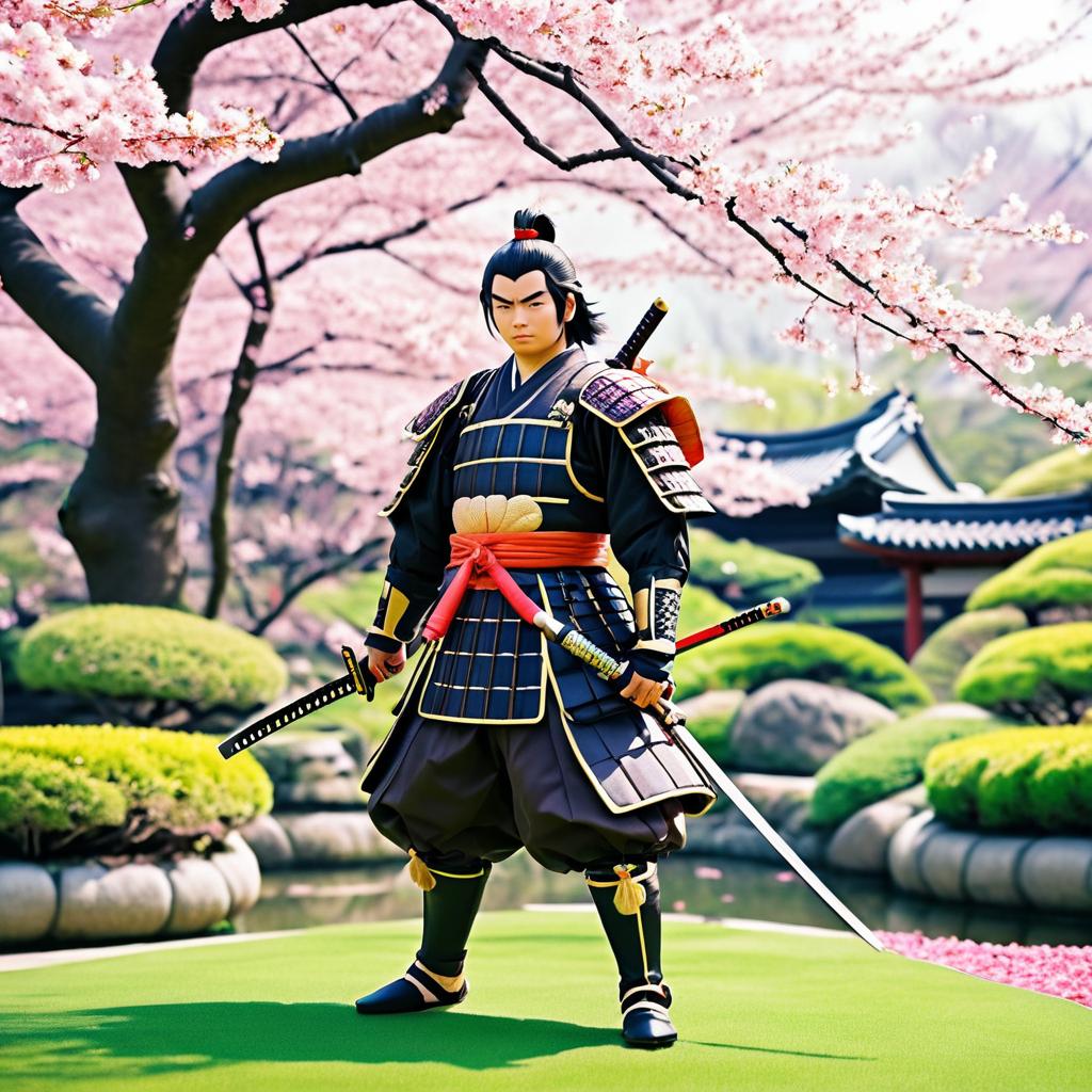 Determined Samurai in Cherry Blossom Garden