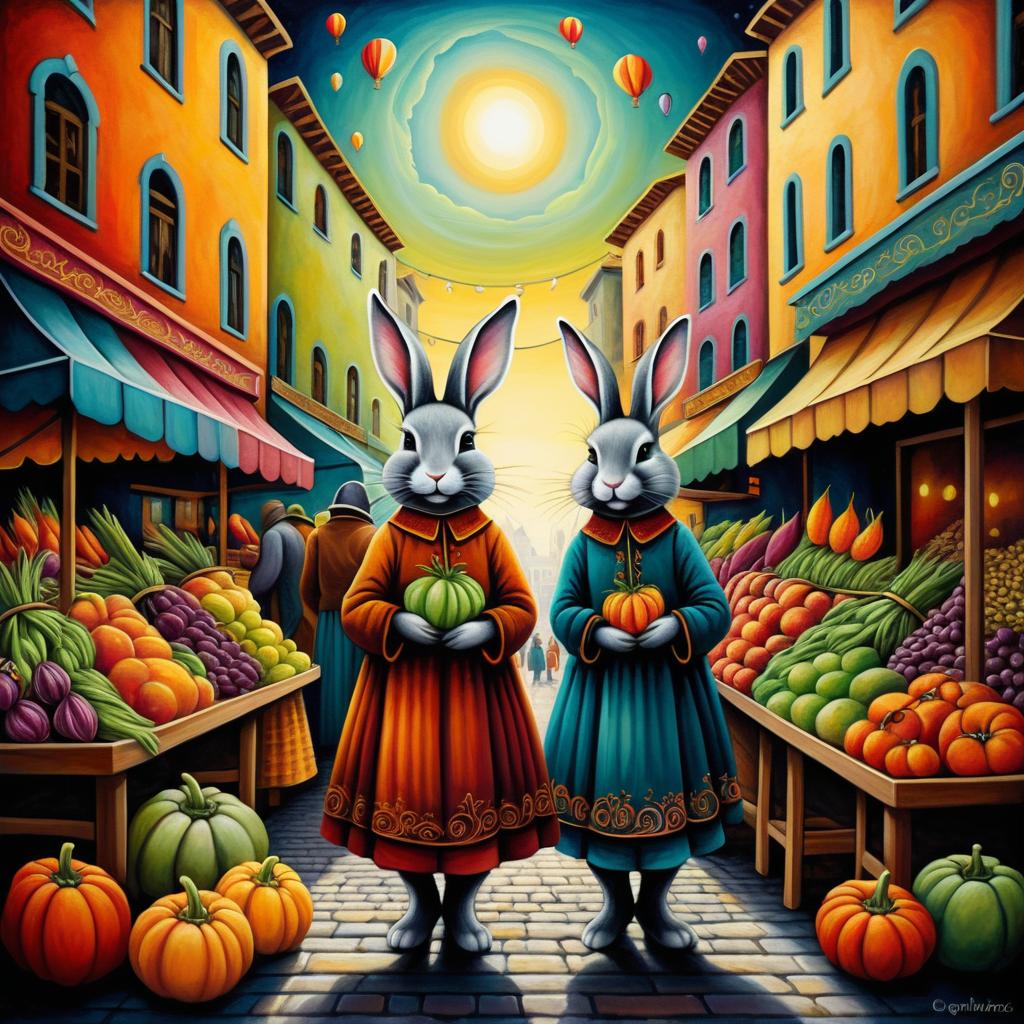 Whimsical Rabbits at a Colorful Market