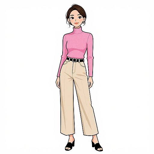 Digital illustration of a young woman with short brown hair, wearing a pink turtleneck, beige high-waisted pants, black belt, and black