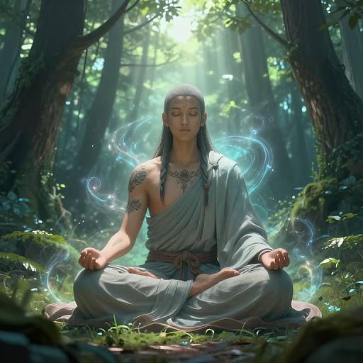 Digital artwork of an Asian woman meditating in a forest, wearing a grey sash robe, with blue ethereal energy swirls, surrounded by sunlight