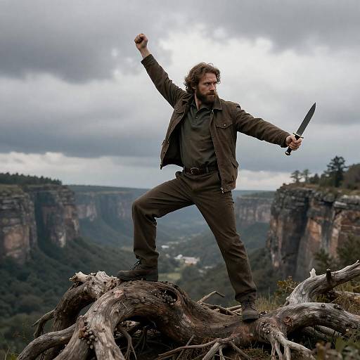 Man Holding Knife on Tree Roots in Rocky Landscape