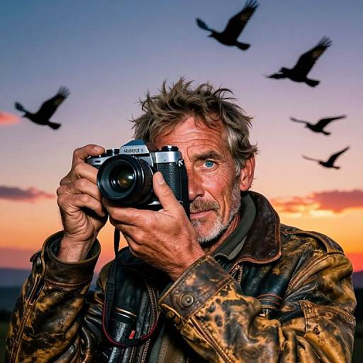Photograph of a rugged, bearded man with tousled hair, wearing a camo jacket, holding a Canon camera, against a sunset sky with