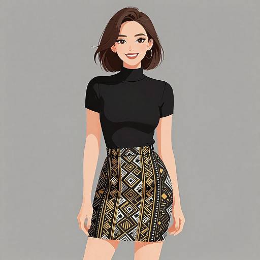 Digital illustration of a smiling young woman with short brown hair, wearing a black turtleneck and patterned black skirt with geometric designs, against a light