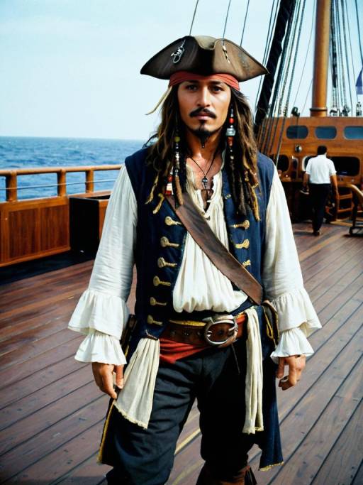 Man in Jack Sparrow Pirate Costume on Ship Deck