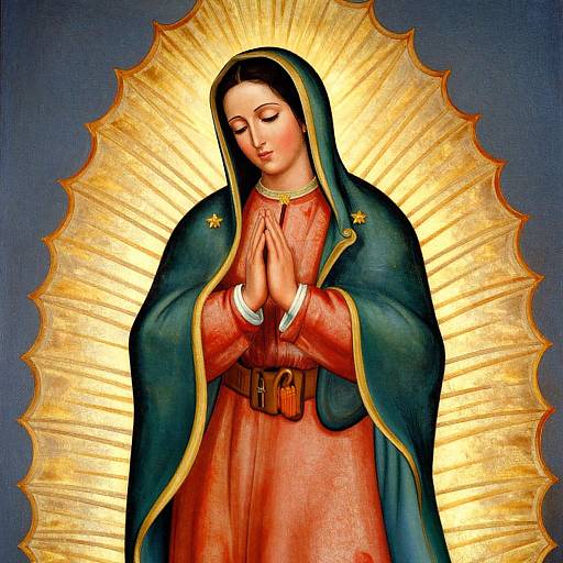 Digital painting of a serene Madonna with closed eyes, hands in prayer, golden halo, green cloak, and red robe, against a dark blue background.