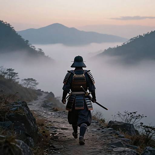 Photograph of a samurai warrior in traditional armor, standing on a rocky path, facing a misty mountain landscape at dawn.