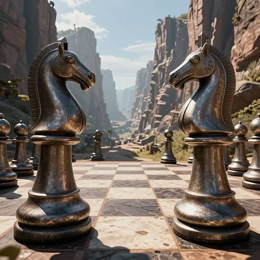 Photorealistic digital art: two metallic chess knights on a sunlit, rocky canyon chessboard with towering cliffs and blue sky background.