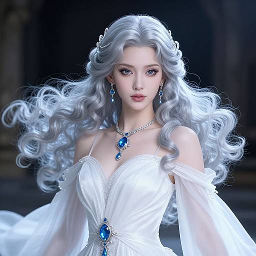 Digital art of a beautiful, ethereal woman with long, wavy silver hair, wearing a white off-shoulder gown and blue gemstone jewelry