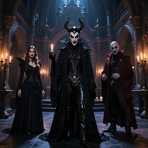 Photograph of three gothic figures in a dark, candlelit cathedral. Central figure in black horned mask and cloak, flanked by woman in