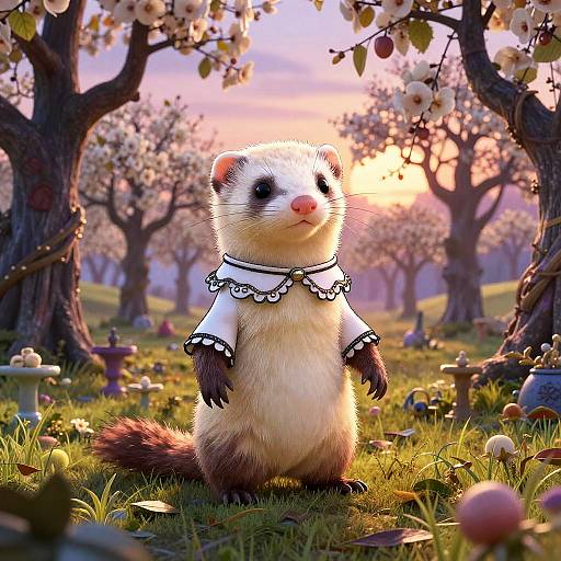 Digital illustration of a cute ferret wearing a white, frilled collar, standing in a whimsical, sunlit orchard with blooming trees and