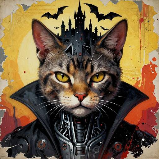 Digital art of a tabby cat with yellow eyes, wearing a black, futuristic jacket with a high collar, against a yellow and orange splattered background
