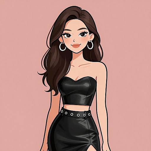 Digital illustration of a smiling woman with long brown hair, wearing a black leather strapless top and high-waisted skirt, against a pink background.