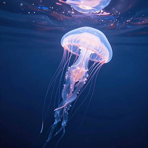 Photograph of a glowing, translucent jellyfish with long, trailing tentacles, illuminated against a deep blue underwater background.