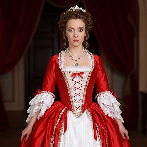 Photograph of a fair-skinned woman with brown hair, wearing a regal red satin gown with white lace trim, red ribbon, and a ti