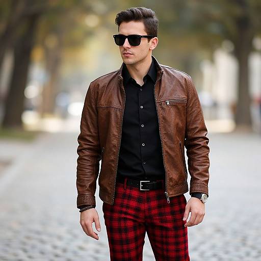 Photograph of a stylish man with dark hair, black sunglasses, brown leather jacket, black shirt, and red plaid pants, standing on a blurred