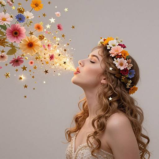 Photograph of a young woman with wavy brown hair, wearing a floral crown, exhaling colorful flowers and stars against a light gray background.