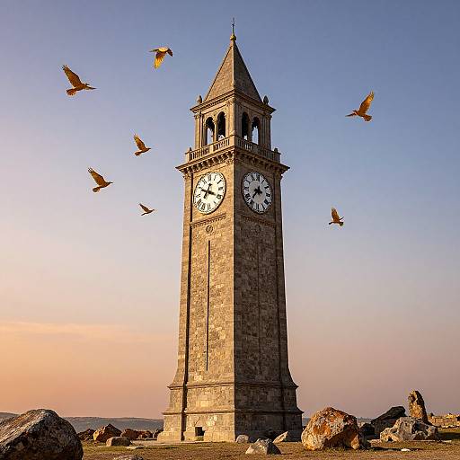 Photograph of a tall, stone clock tower with a pointed roof, surrounded by flying birds, against a clear, sunset sky.