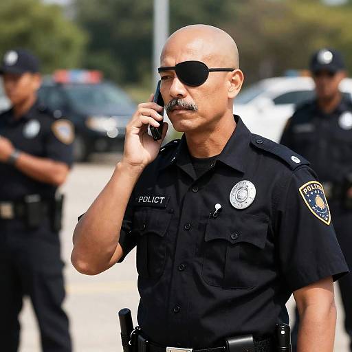 Bald Police Officer with Mustache and Eyepatch