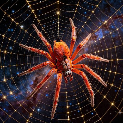 Photorealistic digital image of a vibrant red, hairy spider centered on a glowing web against a star-filled, cosmic background.