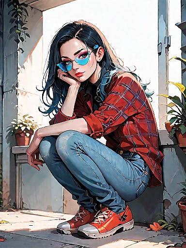 Casual Woman in Plaid Shirt and Jeans