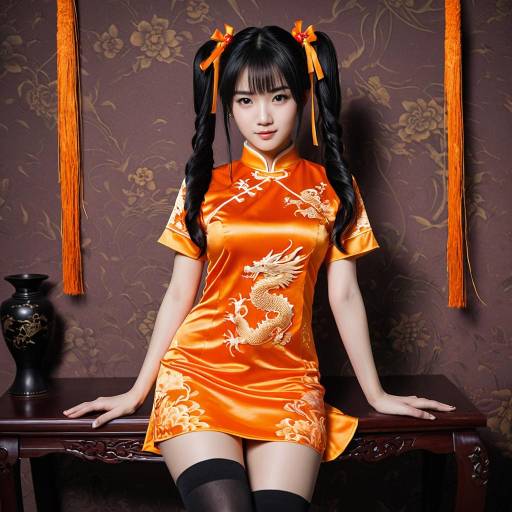 Woman in Orange Qipao with Dragon Design