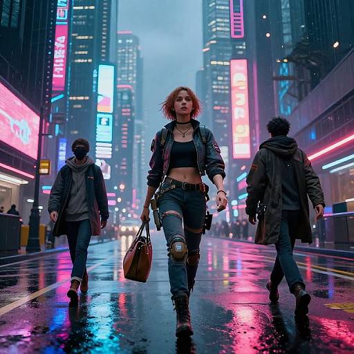 Cyberpunk city street at night, wet pavement reflecting neon lights. Red-haired woman in black crop top, ripped jeans, leather jacket walks forward,
