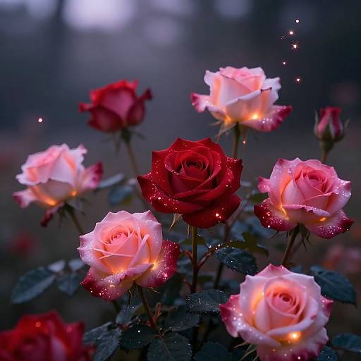 Photograph of vibrant roses; red and pink blooms with glowing edges, surrounded by dark green leaves, set against a blurred, twilight background.