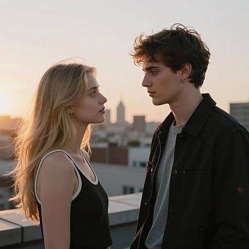 Young Couple on Rooftop at Sunset