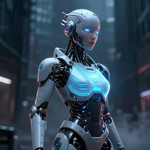 CGI image of a glowing blue-eyed, white-and-black robotic woman standing in a rainy, dark urban alley at night.