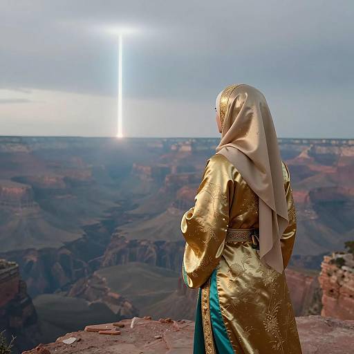 Cloaked Figure Watching Beam of Light Over Canyon