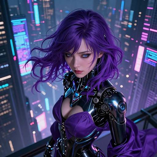 Cyberpunk digital art of a purple-haired woman with glowing blue eyes, wearing a black, glossy, robotic armor with a purple dress, standing in