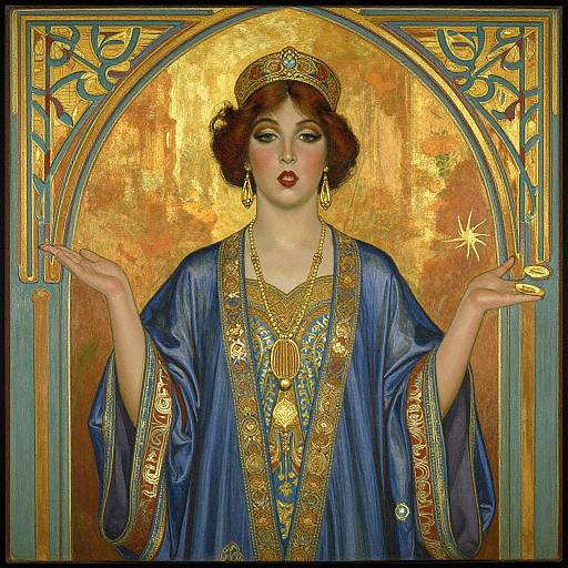 Art Nouveau-style digital painting of a fair-skinned woman with red hair, wearing a blue and gold ornate robe, holding a glowing star,