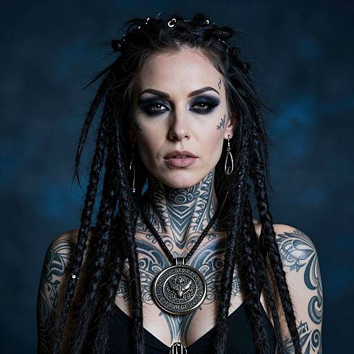 Photograph of a heavily tattooed, pale-skinned woman with dark dreadlocks, blue eye makeup, black tank top, and large silver pendant,