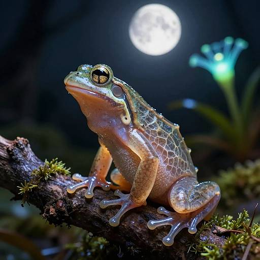 Photograph of a vibrant, orange-toxic-looking frog with a textured, hexagonal-patterned back, perched on a mossy branch under a