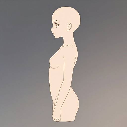 Digital drawing of a bald, nude, side-profile female figure with small breasts, defined waist, and subtle curves, against a gradient blue-gray background.