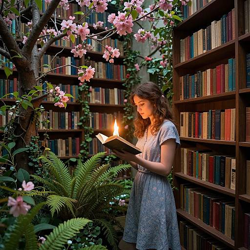 Photograph of a young woman with curly brown hair, wearing a blue floral dress, reading a book illuminated by a candle, surrounded by cherry blossoms