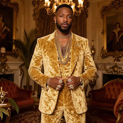 Photograph of a Black man with a beard in a gold velvet suit, multiple gold chains, rings, standing in an opulent, vintage-style room