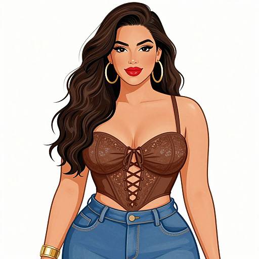 Digital drawing of a curvy woman with long black hair, wearing a brown lace-up bustier and high-waisted blue jeans, large hoop earrings