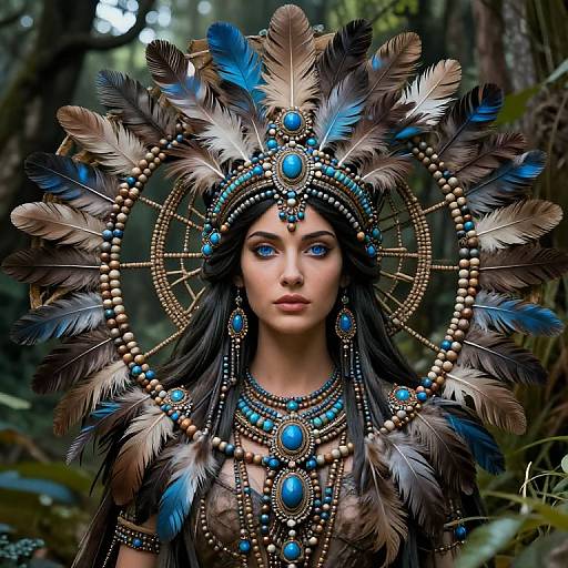 Photorealistic digital art of a woman with striking blue eyes, wearing an elaborate feather headdress and turquoise-beaded jewelry, set in a forest background