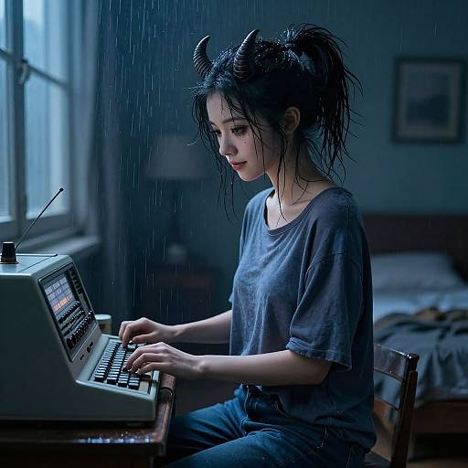 Photograph-style digital art: Rainy room, young woman with messy black hair, horns, grey t-shirt, typing on vintage typewriter, dim