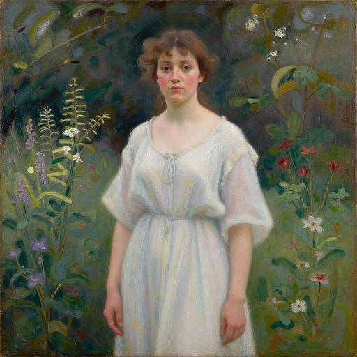 Oil painting of a young woman with pale skin and brown hair, wearing a white, short-sleeved dress, standing in a lush, floral garden