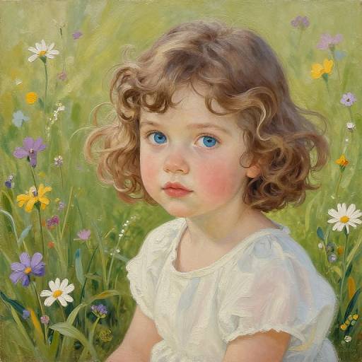 Realistic digital painting of a curly-haired, blue-eyed child with rosy cheeks, wearing a white dress, surrounded by colorful wildflowers in a sun