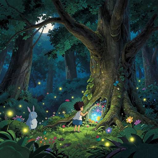 Magical forest scene at night with glowing fireflies, vibrant flowers, a large tree, a child, and a white rabbit. Moonlight filters through