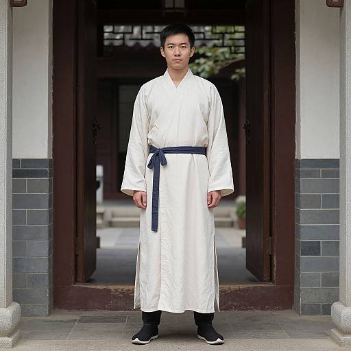 Photograph of an Asian man in a white martial arts robe with a black belt, standing in a traditional wooden doorway.