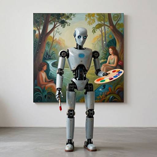 Photograph of a silver robot holding a paintbrush and palette, standing in front of a colorful, surreal painting of a nude woman by a forest stream