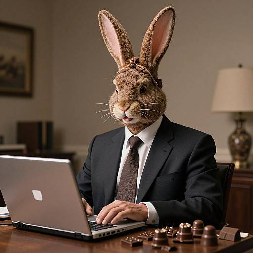 Photograph of a anthropomorphic rabbit in a black suit and tie, typing on a laptop in a dimly lit office.