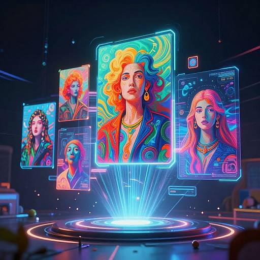 Vibrant digital portrait holograms of five women with colorful hairstyles and neon outfits, floating above a glowing circular platform in a dark, futuristic room.