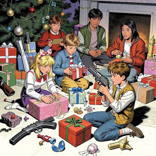 Children Unwrapping Presents Amid Weapons