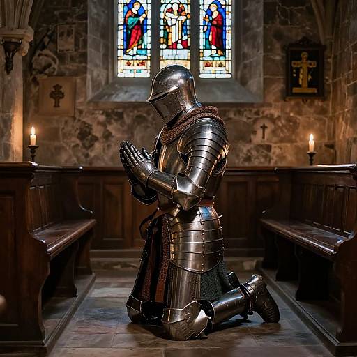 Photograph of a knight in shining armor, kneeling in prayer, inside a dimly lit stone church with stained glass windows. Candles illuminate the wooden