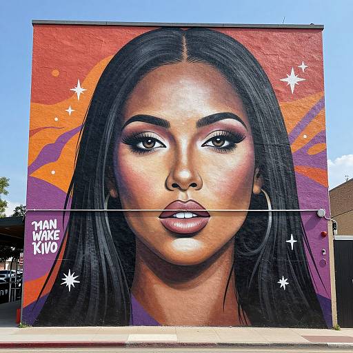 Vibrant street art mural of a beautiful Black woman with long hair, bold makeup, and hoop earrings, against an orange-purple background with stars.